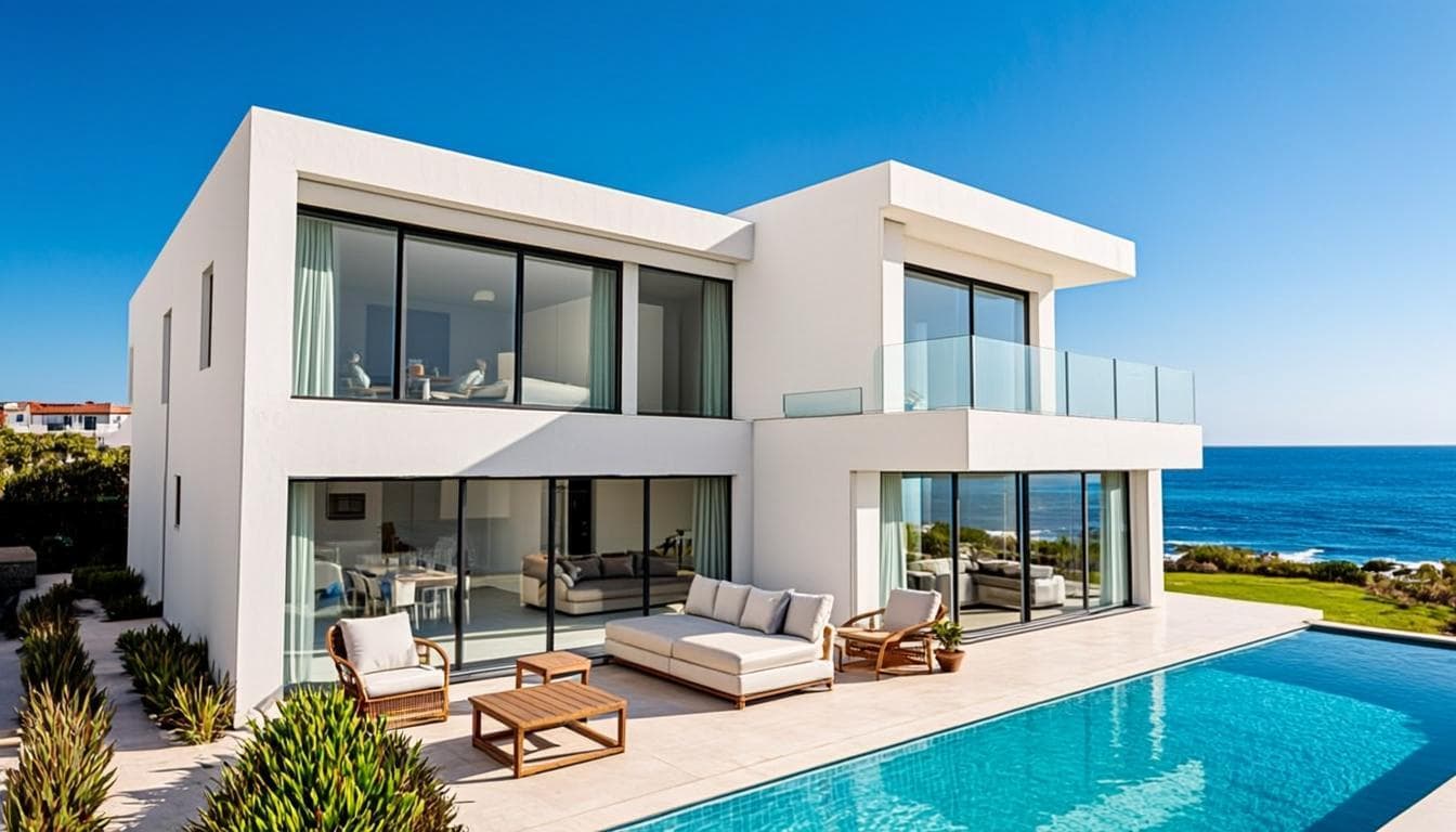 Fachada de la casa con vista al mar