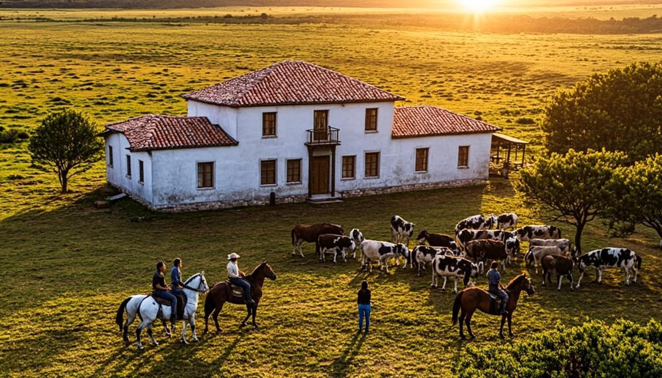 Estancia colonial con campos verdes
